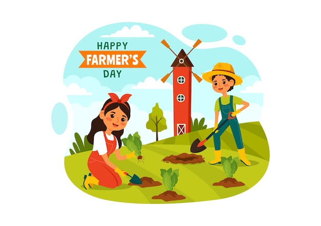 Vector happy farmers39 day vector illustration on december 23 rice fields and farmers background design
