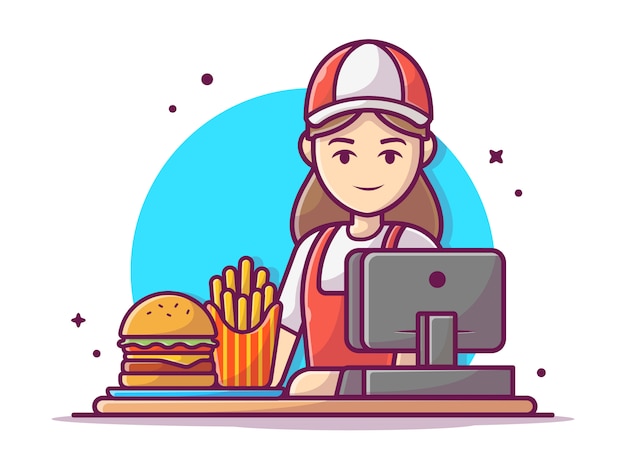 Happy fast food продавщица носить форму с кассовым аппаратом и гамбургер иллюстрация