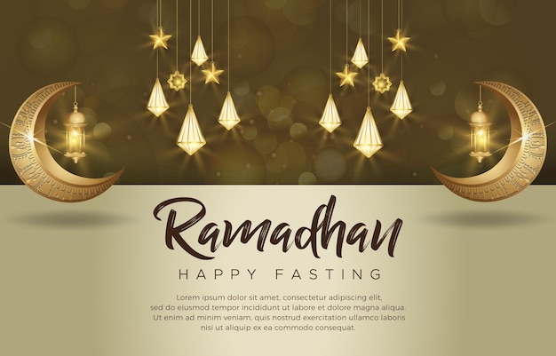 Happy fasting ramadan with beautiful shiny luxury islamic ornament and abstract gradient brown and golden background