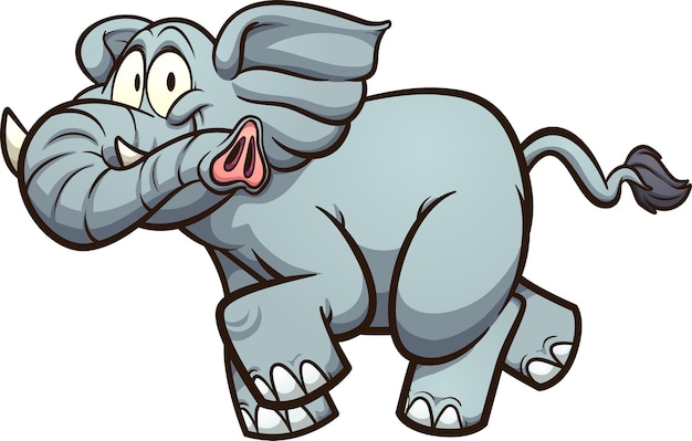 Happy fat, gray cartoon elephant running.