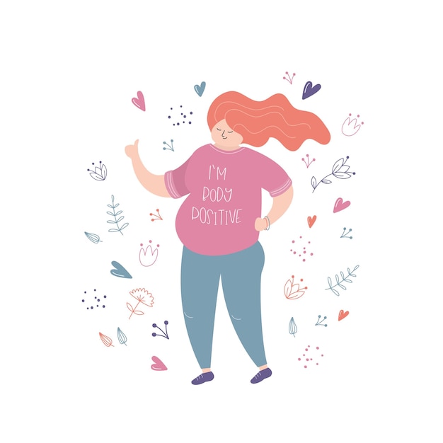 Happy fat woman weight problem body positive concept trendy style vector illustration