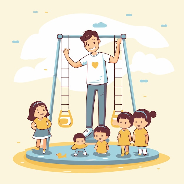 Happy father and children playing on swing Vector illustration in cartoon style