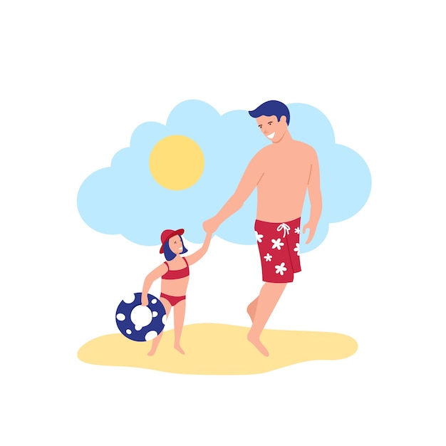 Счастливые отец и дочь идут к морю в купальных костюмах с надувным игрушечным кругом под синим
