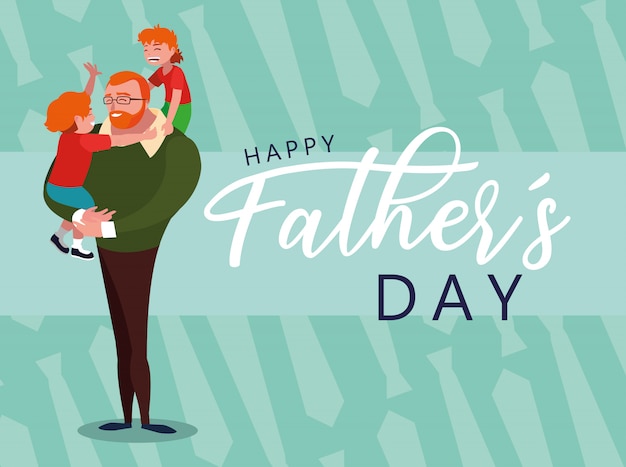 Happy father day card with dad and children