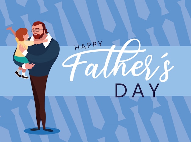 Happy father day card with dad and son