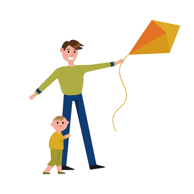 Happy father and his son playing with kite cartoon characters vector Illustration isolated on a white background