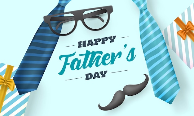happy father's banner design with gift boxes and male hipster elements laying on pastel blue background
