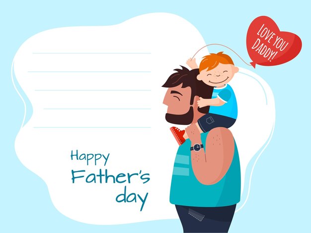 Happy Father's Day card with an empty space for your congratulations A boy is sitting on Dad's shoulders