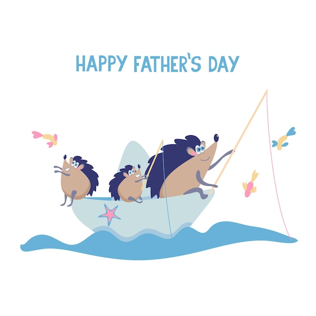 Happy father's day card with fishing family of cute hedgehogs father and sons spend time together