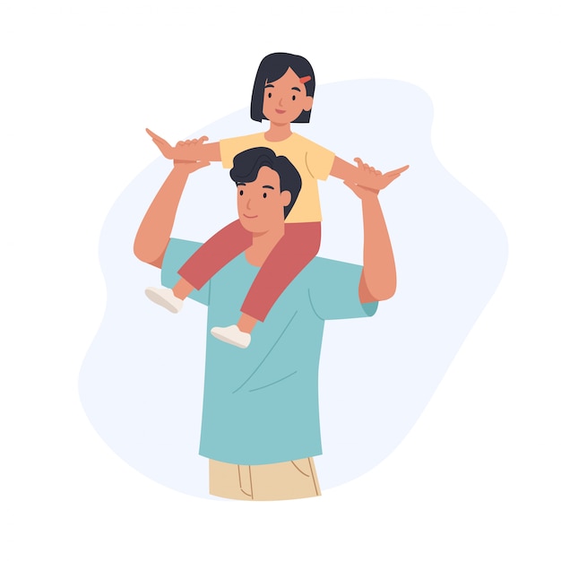 Vector happy father's day. cheerful daughter sit on his father's shoulder.  illustration in a flat style