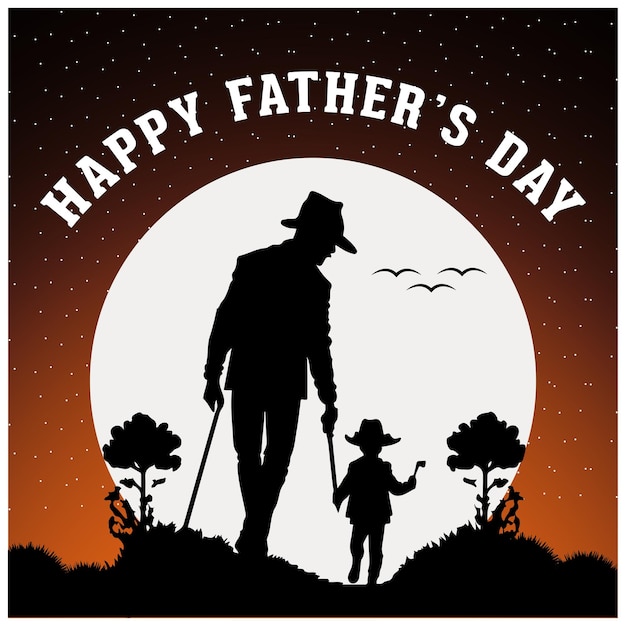 Happy Father's Day Concept Illustratie Groeten Silhouet van vader en zoon die 's nachts lopen