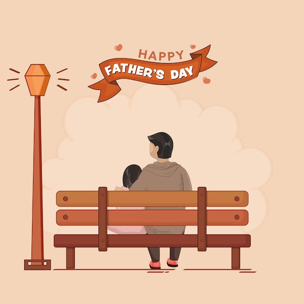 Happy Father's Day Concept met achteraanzicht van de mens en zijn kind zittend op de bank op perzik achtergrond