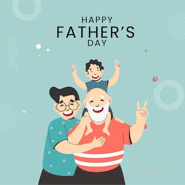 Happy Father's Day Concept With Grandson Sitting On Shoulder Of Grandfather And Man Standing Together Against Teal Background