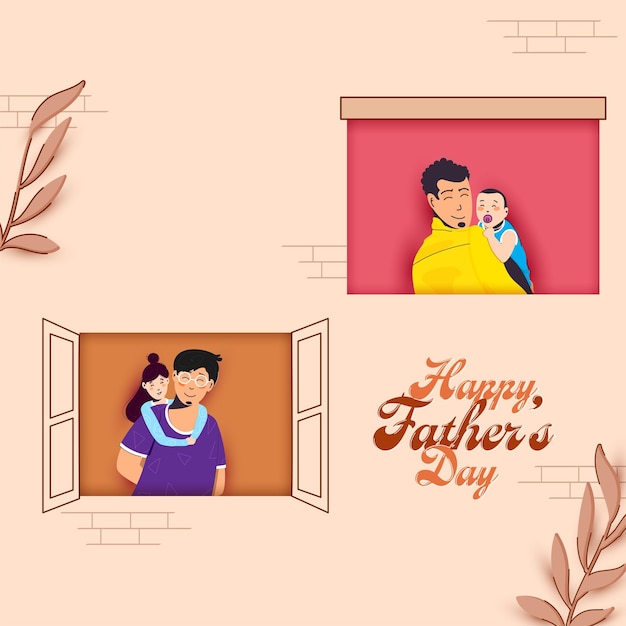 Happy father's day concept with young man hugging his baby on pastel peach background