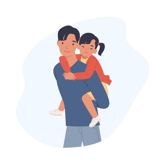 Happy father's day. Dad with his daughter on piggyback ride smiling happy together. Joyful father playing with his little kid.  illustration in a flat style