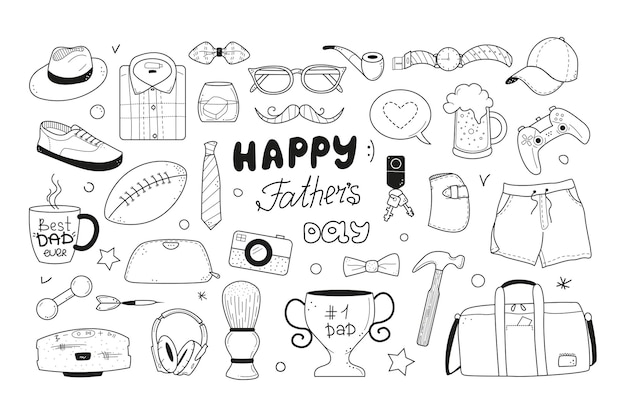 Icone di doodle per la festa del papà felice impostate in stile schizzo illustrazione vettoriale di oggetti maschili disegnati a mano