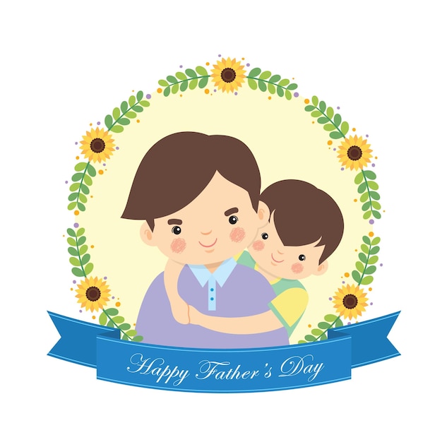 Vector happy father's day father and son hugging together with floral wreath and blue ribbon banner