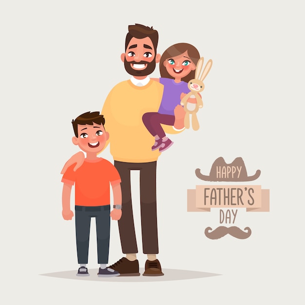 Vector happy father's day. father with his son and daughter. greeting card. vector illustration in cartoon style