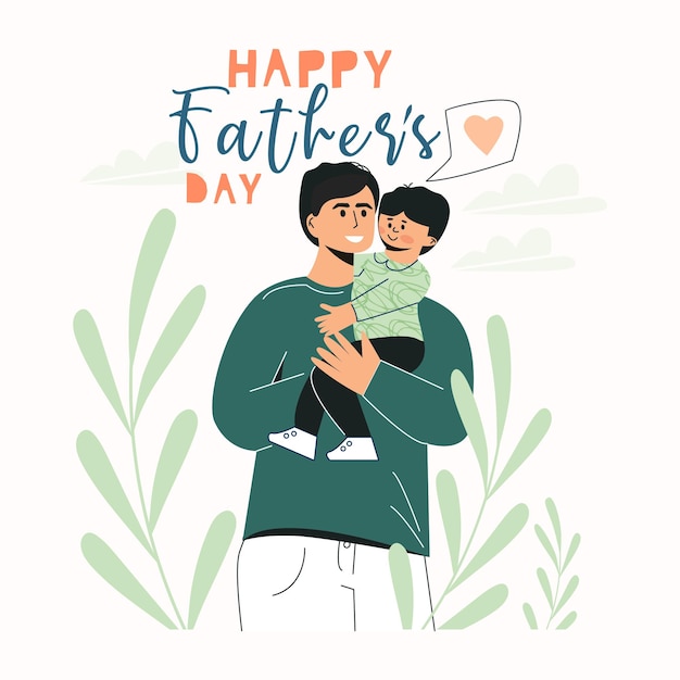 Happy Father's Day greeting card template with cute characters of daddy with child Dad holding his son Cute vector illustration for a holidays poster Fatherhood