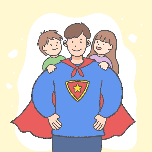 Vector happy father's day greeting card with superman father illustration of son and daughter