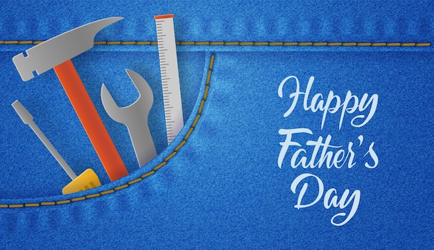 Happy Father's Day-kaart met gereedschap, moersleutel, hamer en schroevendraaier. Realistische jeansachtergrond.