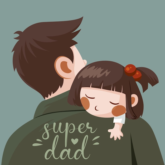 Vector happy father's day my dad is my hero illustration of a father holding his sleeping daughter