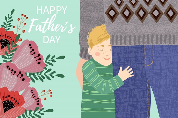 Happy father's day, my dad s the best. Cute  family illustration .Hand drawing of dad and the child clutching his legs