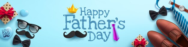 Happy Father's Day poster or banner template with necktie,glasses and gift box on blue