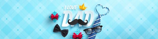 Happy Father's Day poster or banner template with necktie,glasses and gift box on blue