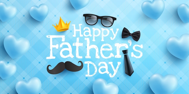 Happy Father's Day poster or banner template with necktie,glasses and heart on blue