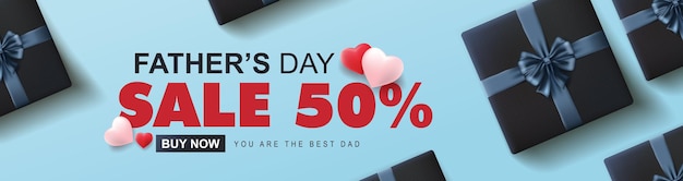 Happy Father's Day Sale 50 korting op banner met geschenkdoos en hartvorm