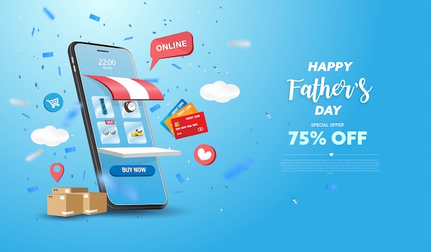 Insegna o promozione felice di vendita di festa del papà su fondo blu. negozio di shopping online con cellulare, carte di credito ed elementi del negozio