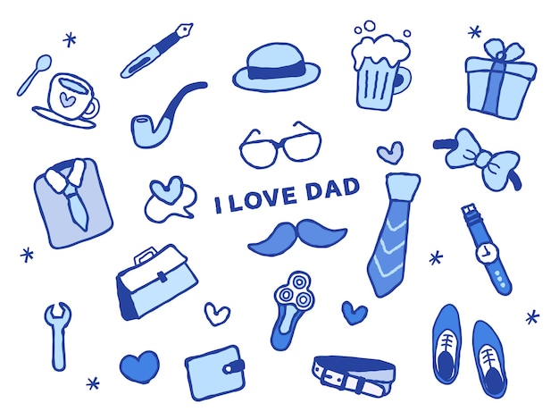 Happy Father's Day vector van Vaderdag schattig doodle set Elementen zijn geïsoleerd op een witte achtergrond