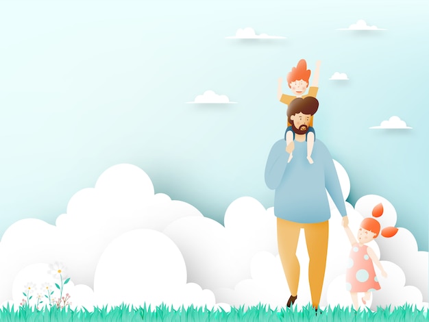 Vector happy father's day with father and son and daughter with pastel scheme and paper art vector illustration