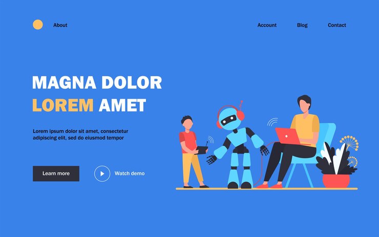 Vector happy father and son playing with robot landing page