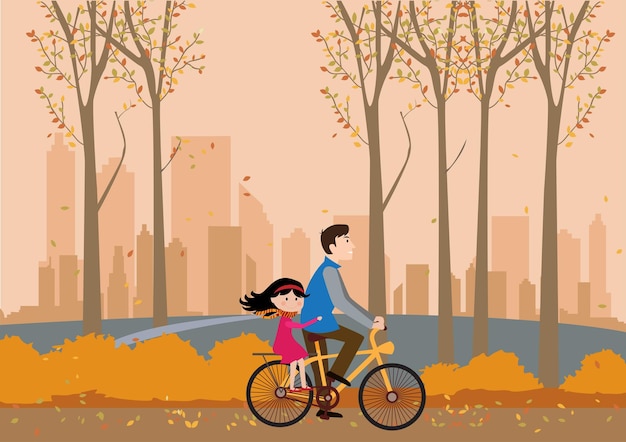 Padre felice con la figlia che guida la bicicletta nel parco di autunno con la famiglia delle foglie di autunno in vestiti di autunno con la sciarpa che guida un'illustrazione piana del fumetto di vettore della bicicletta nel concetto moderno