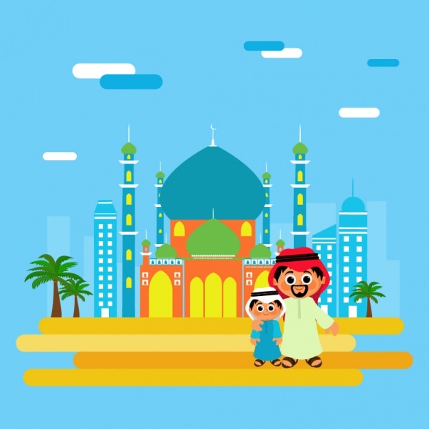 Happy father with his son and mosque background