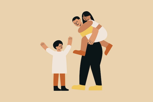 Happy Father with His Two Children Vector Illustration