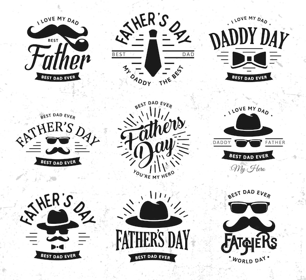 Vettore happy father39s day design collection set di colore nero in stile vintage logo del padre su sfondo chiaro grunge illustrazione vettoriale