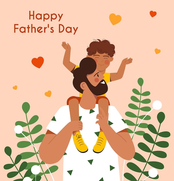 Vector happy fathers day adult man holds small kid on his shoulders caring for loved ones parents and