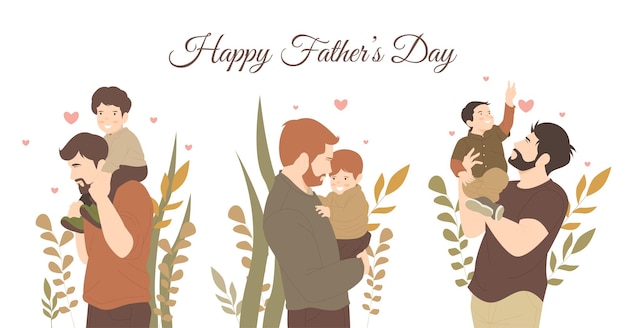 Happy fathers day banner with father and son illustration