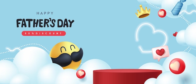 Happy fathers day banner   with mustache smiley and product display cylindrical shape.