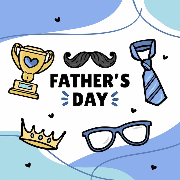 Happy fathers day banner with mustache trophy glasses and crown elements