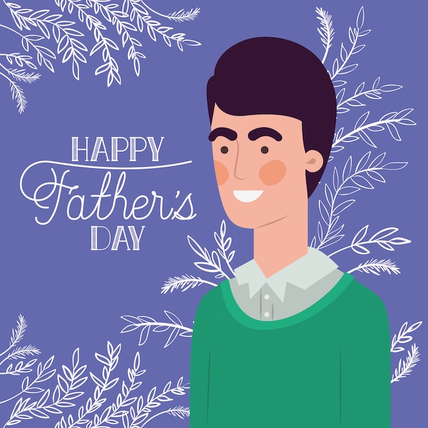 Happy fathers day card with dad and leafs plant decoration