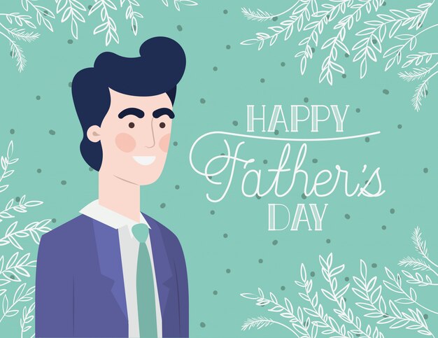 Happy fathers day card with dad and leafs plant decoration