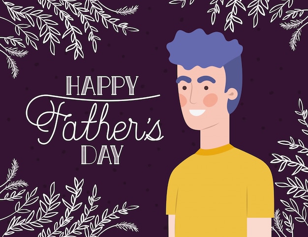 Happy fathers day card with dad and leafs plant decoration