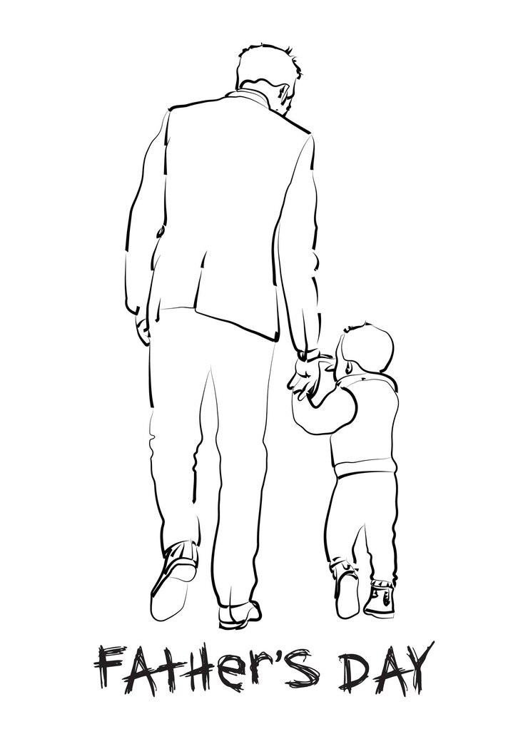 Happy Fathers Day Concept Line Art Klein kind dat vaders hand vasthoudt en loopt