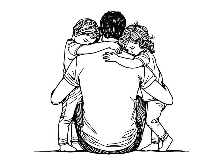 Vector happy fathers day continuous line art illustration father hugs two children