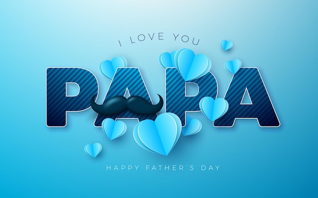 Дизайн поздравительной карточки на День отца с усами и летающим бумажным сердцем на светло-голубом фоне