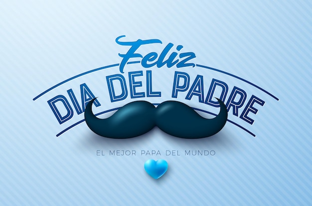 수염과 심장을 가진 아버지의 날 축하 카드 디자인 Feliz Dia del Padre 스페인어